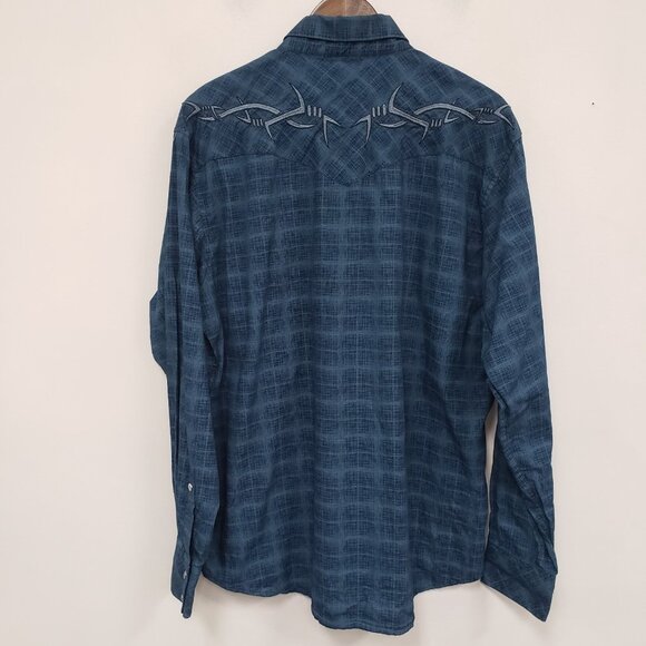 Rock 47 By Wrangler Mens Embroidered Button Up Size XL Blue Skater Tattoo Edgy - Picture 2 of 9